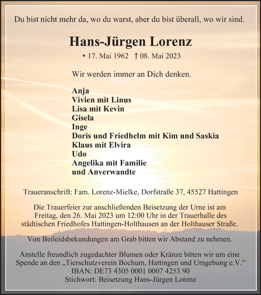 Traueranzeige für Hans-Jürgen Lorenz vom 20.05.2023 aus Tageszeitung