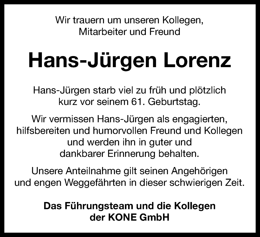  Traueranzeige für Hans-Jürgen Lorenz vom 26.05.2023 aus Tageszeitung