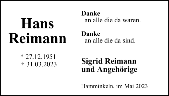 Traueranzeige von Hans Reimann von Tageszeitung