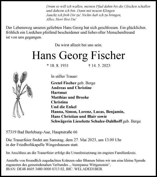 Traueranzeige von Hans Georg Fischer von Tageszeitung