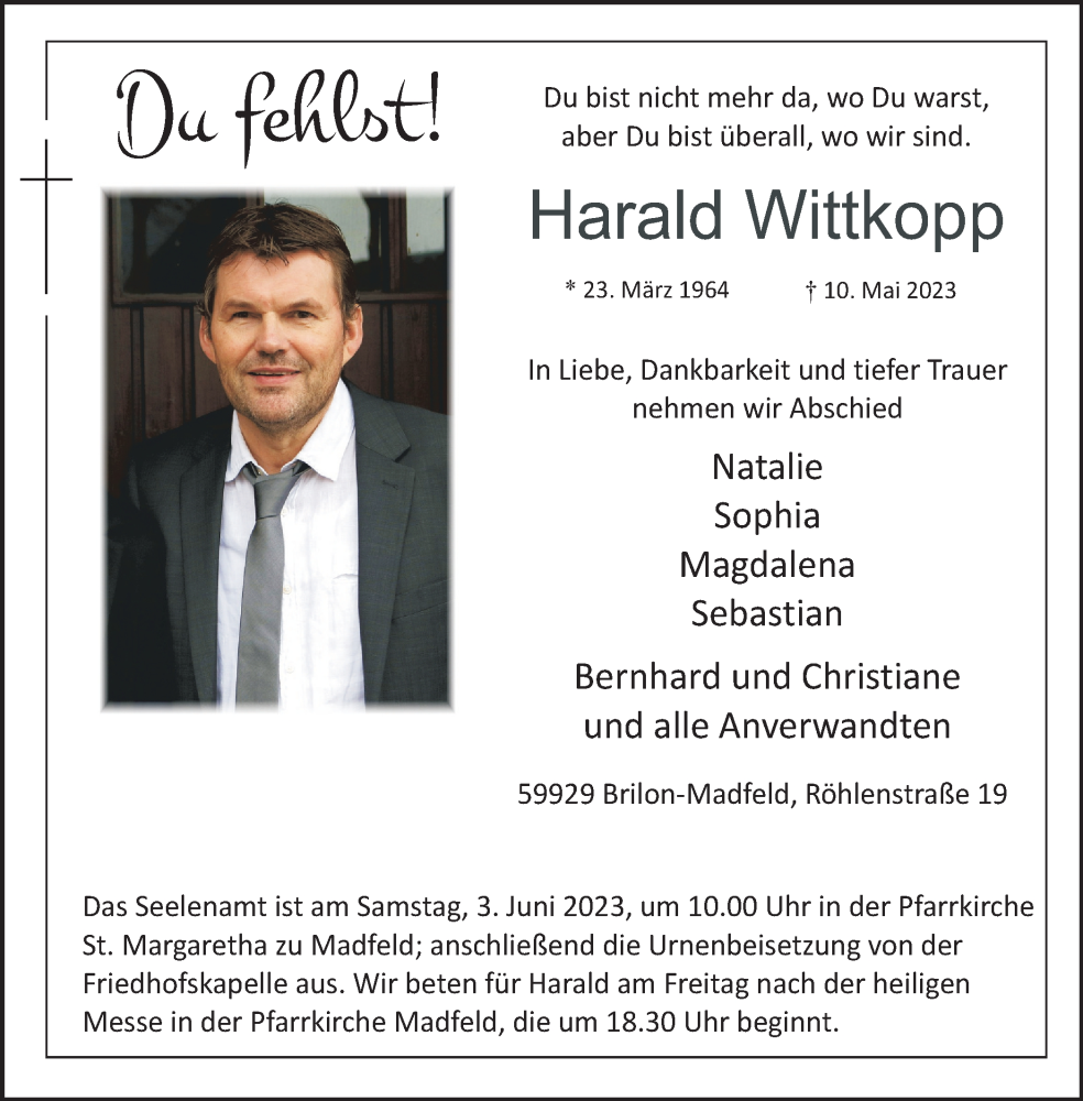  Traueranzeige für Harald Wittkopp vom 18.05.2023 aus Tageszeitung