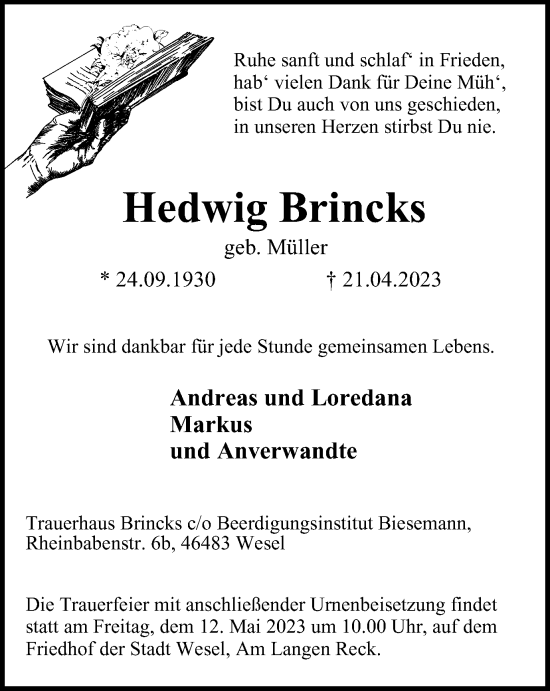 Traueranzeige von Hedwig Brincks von Tageszeitung