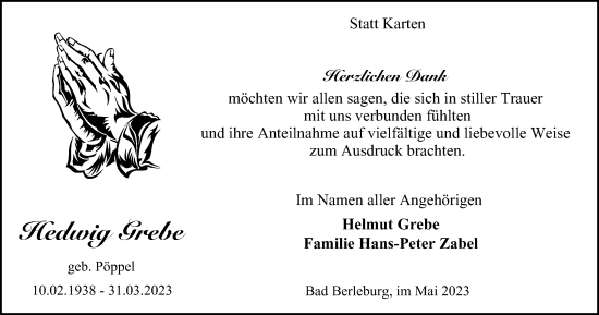 Traueranzeige von Hedwig Grebe von Tageszeitung