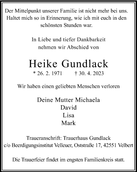 Traueranzeige von Heike Gundlack von Tageszeitung