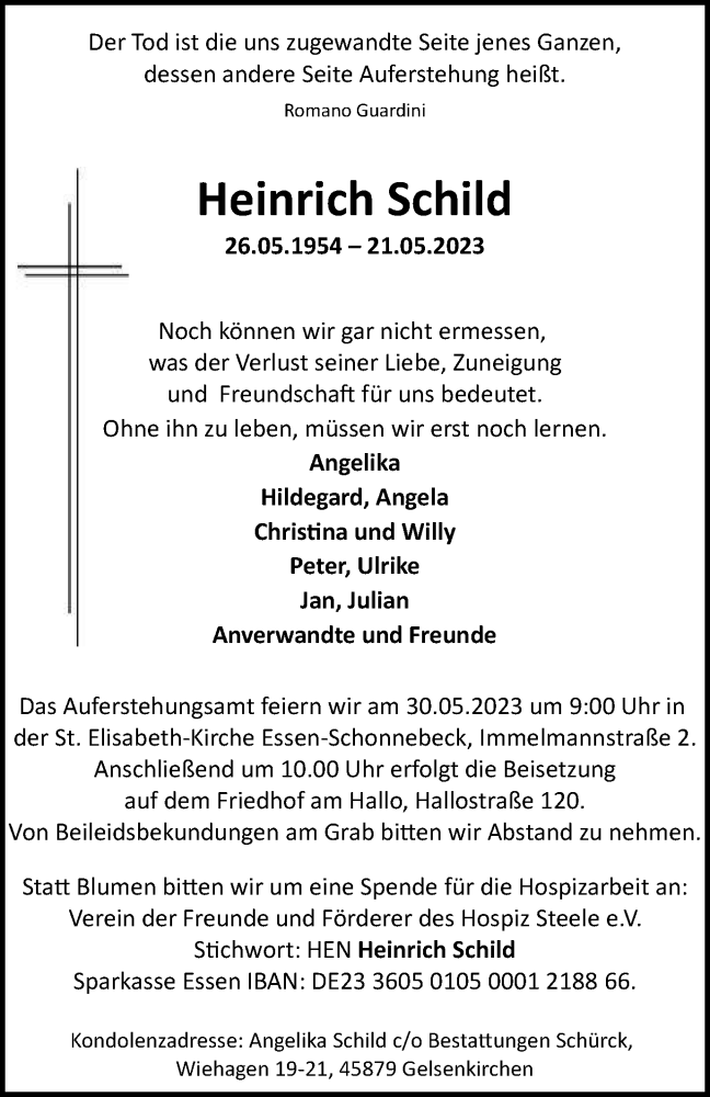  Traueranzeige für Heinrich Schild vom 26.05.2023 aus Tageszeitung