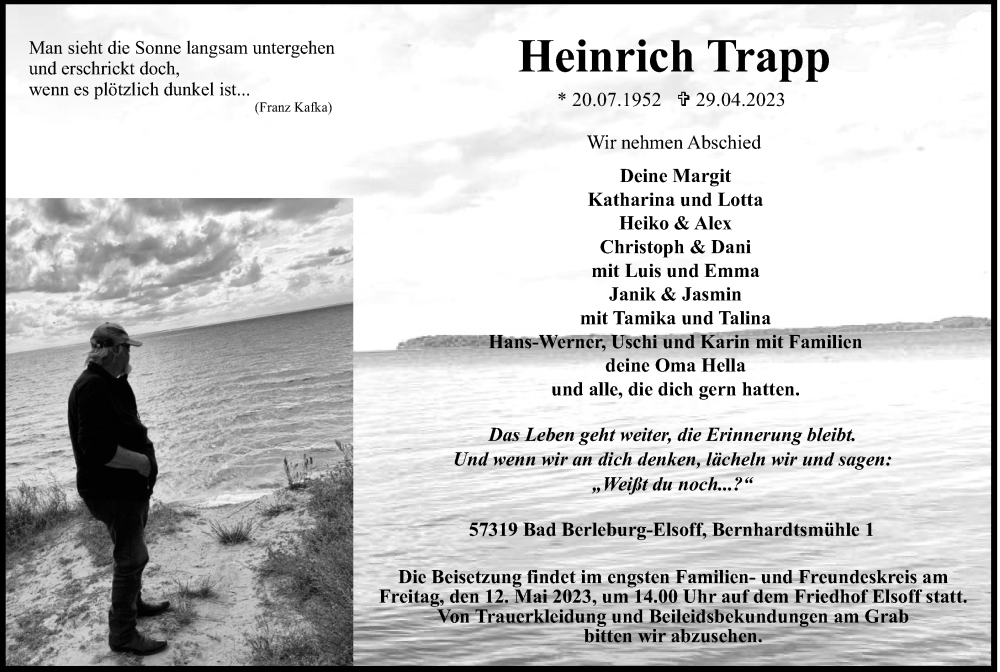  Traueranzeige für Heinrich Trapp vom 04.05.2023 aus Tageszeitung