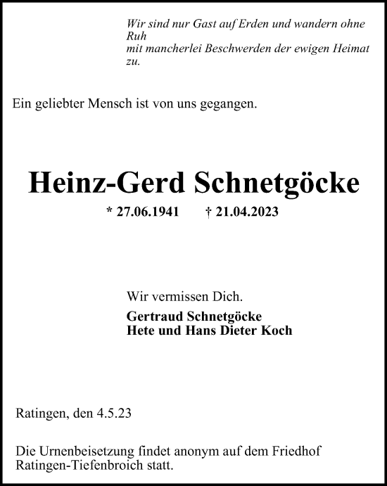 Traueranzeige von Heinz-Gerd Schnetgöcke von Tageszeitung