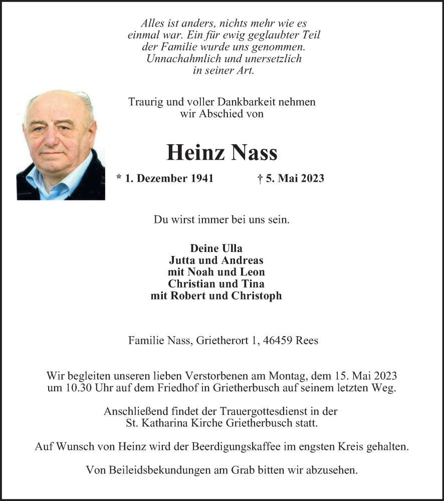  Traueranzeige für Heinz Nass vom 10.05.2023 aus Tageszeitung