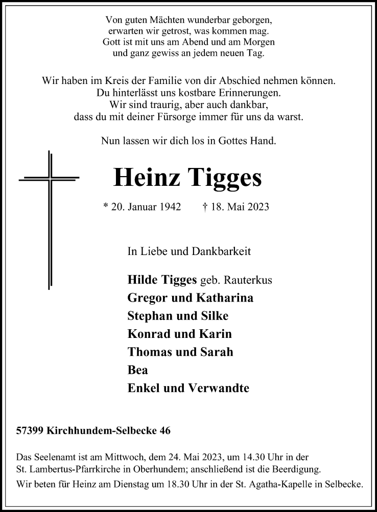  Traueranzeige für Heinz Tigges vom 23.05.2023 aus Tageszeitung