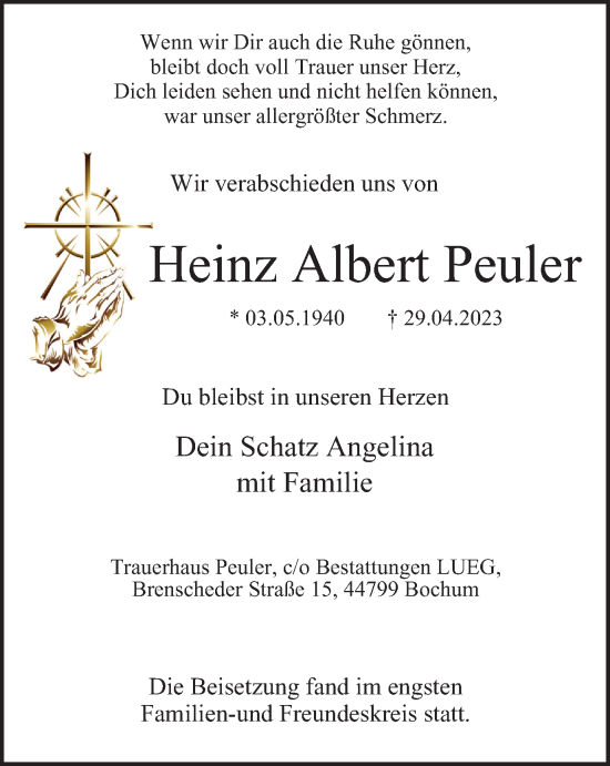 Traueranzeige von Heinz Albert Peuler von Tageszeitung