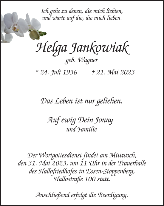 Traueranzeige von Helga Jankowiak von Tageszeitung