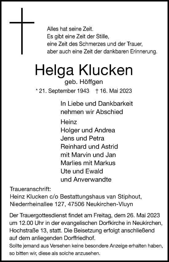 Traueranzeige von Helga Klucken von Tageszeitung