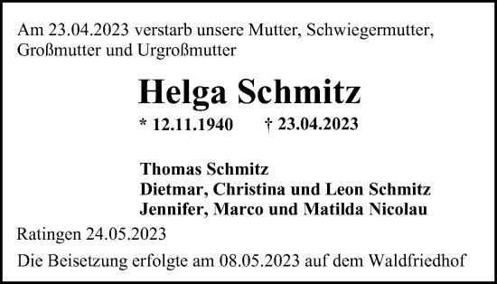 Traueranzeige von Helga Schmitz von Tageszeitung
