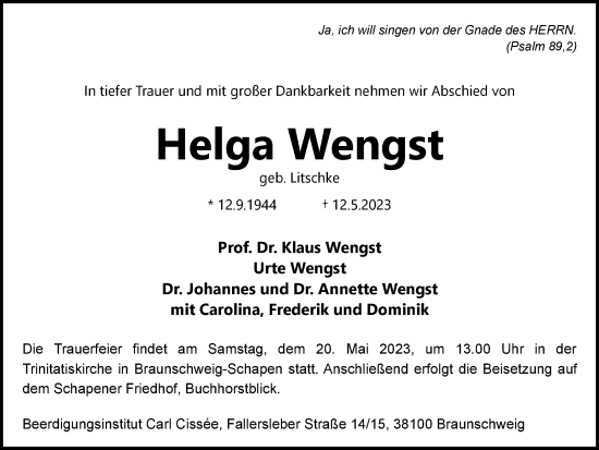 Traueranzeige von Helga Wengst von Tageszeitung