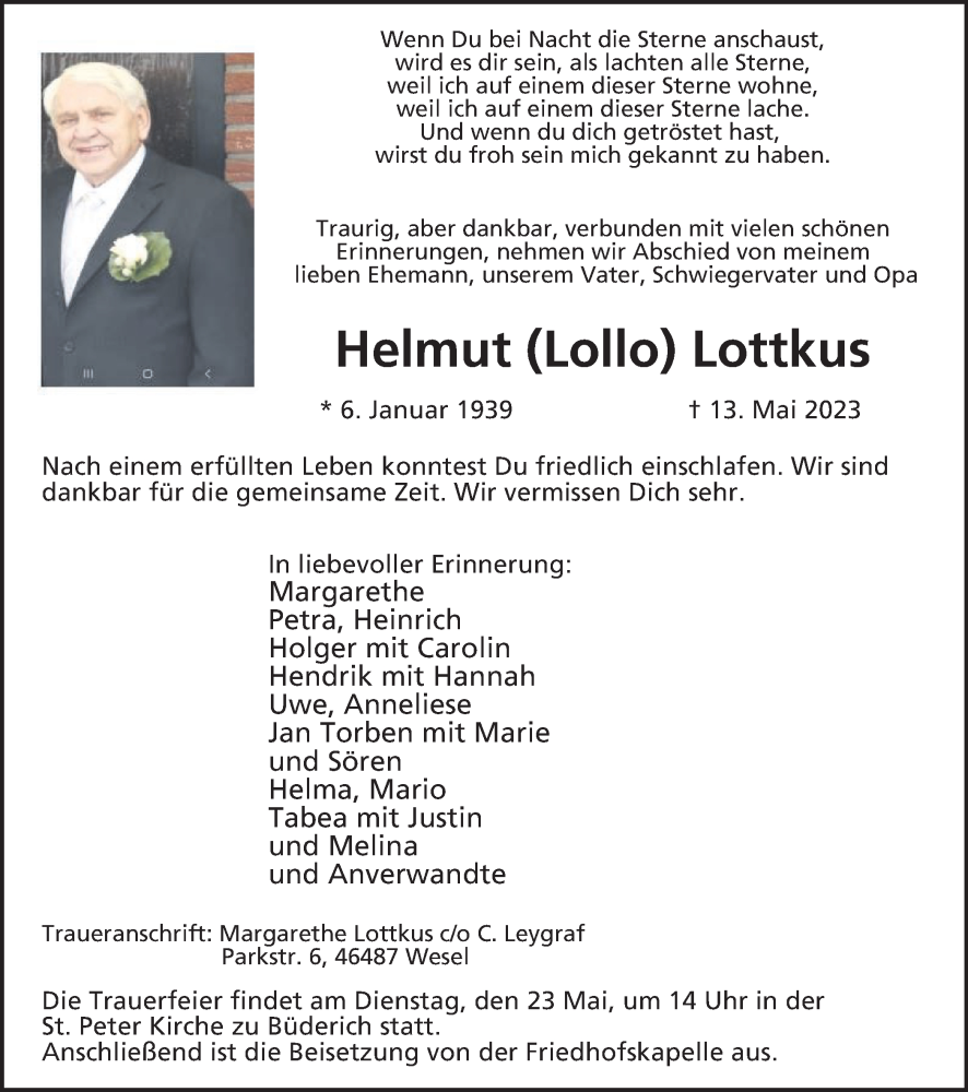  Traueranzeige für Helmut Lottkus vom 20.05.2023 aus Tageszeitung