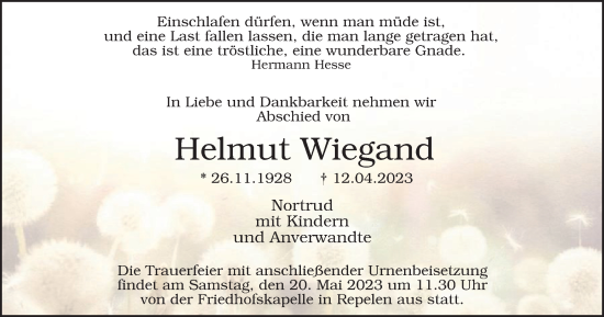 Traueranzeige von Helmut Wiegand von Tageszeitung