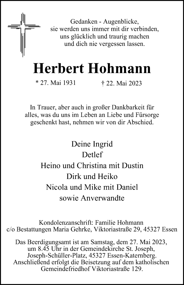  Traueranzeige für Herbert Hohmann vom 25.05.2023 aus Tageszeitung