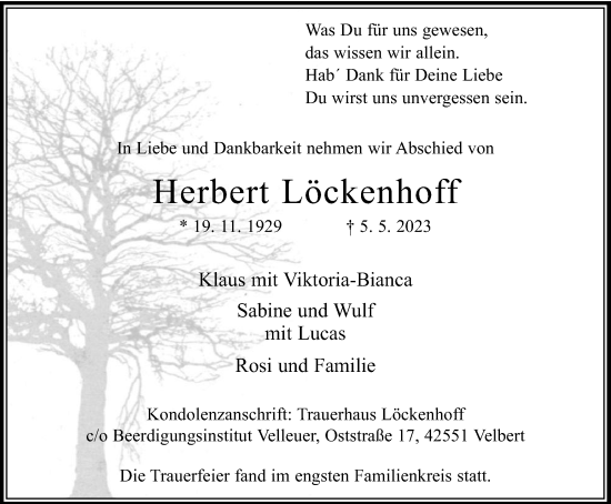 Traueranzeige von Herbert Löckenhoff von Tageszeitung
