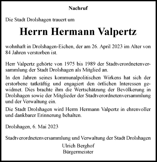 Traueranzeige von Hermann Valpertz von Tageszeitung