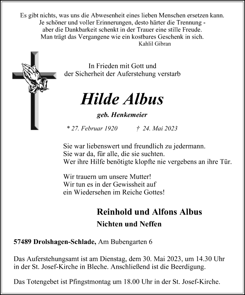  Traueranzeige für Hilde Albus vom 27.05.2023 aus Tageszeitung
