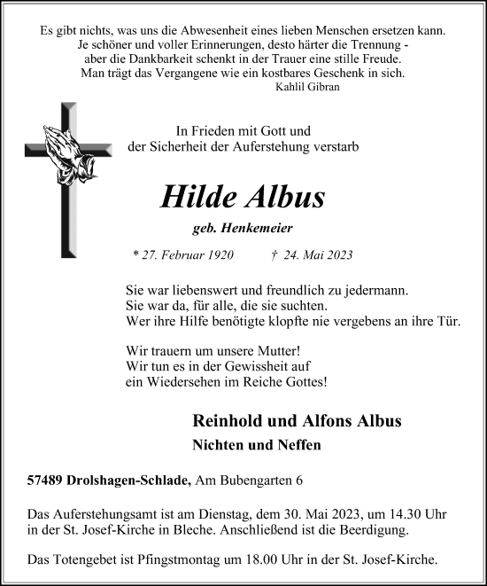 Traueranzeige von Hilde Albus von Tageszeitung