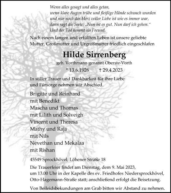 Traueranzeige von Hilde Sirrenberg von Tageszeitung