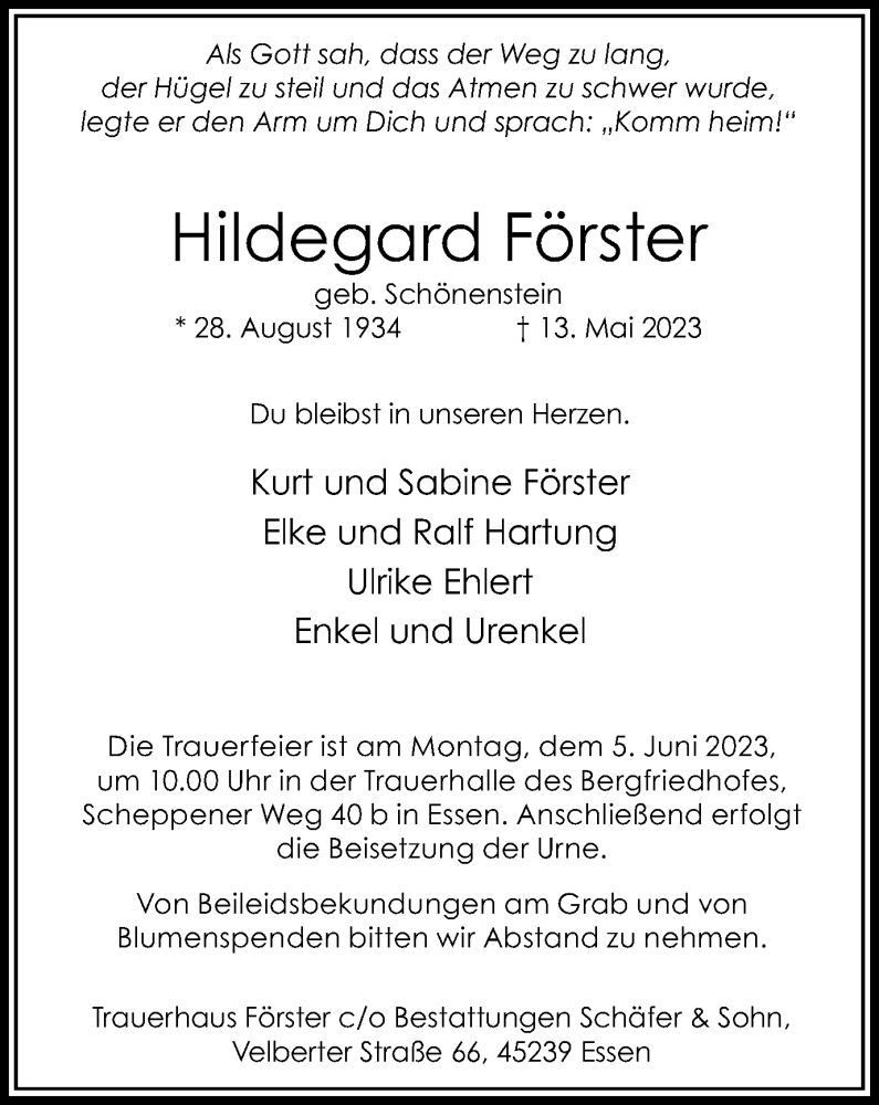  Traueranzeige für Hildegard Förster vom 26.05.2023 aus Tageszeitung