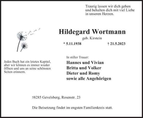 Traueranzeige von Hildegard Wortmann von Tageszeitung