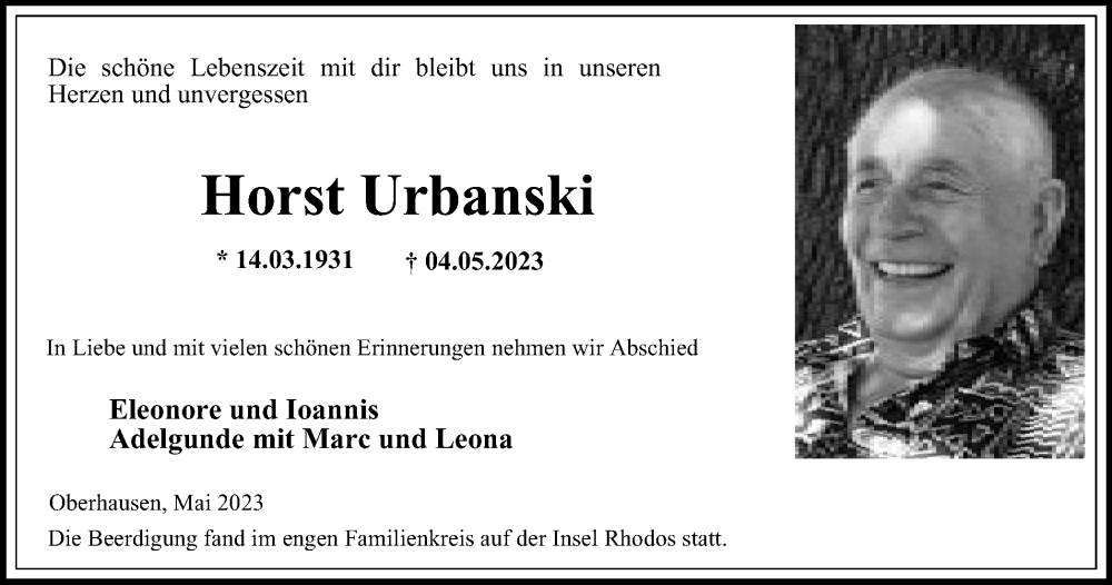  Traueranzeige für Horst Urbanski vom 20.05.2023 aus Tageszeitung