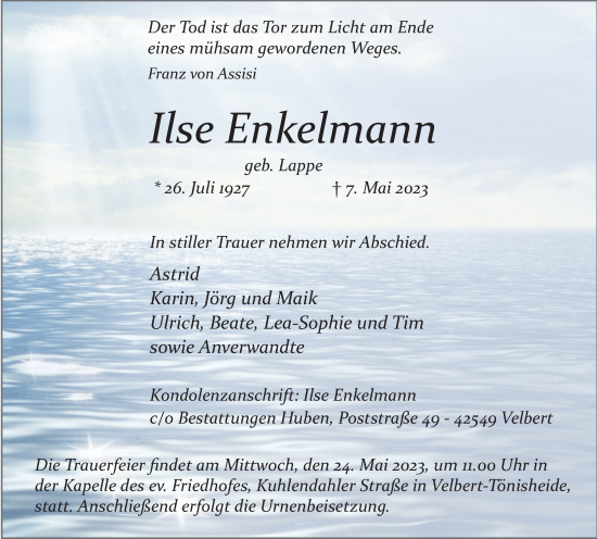 Traueranzeige von Ilse Enkelmann von Tageszeitung