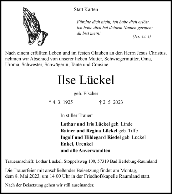 Traueranzeige von Ilse Lückel von Tageszeitung