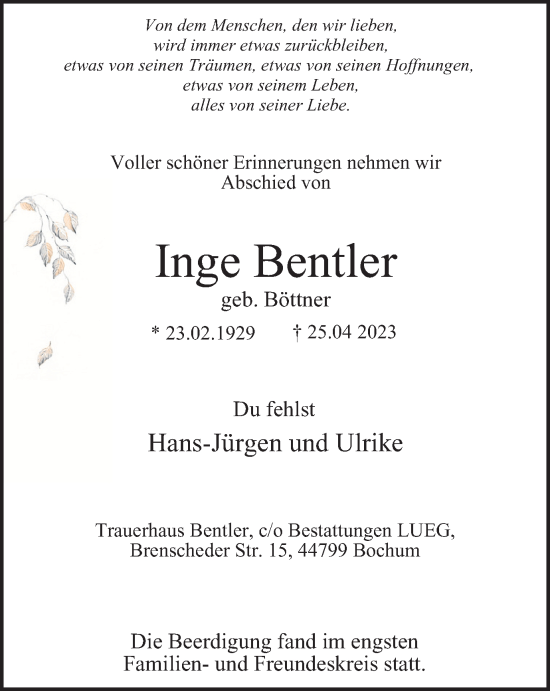 Traueranzeige von Inge Bentler von Tageszeitung