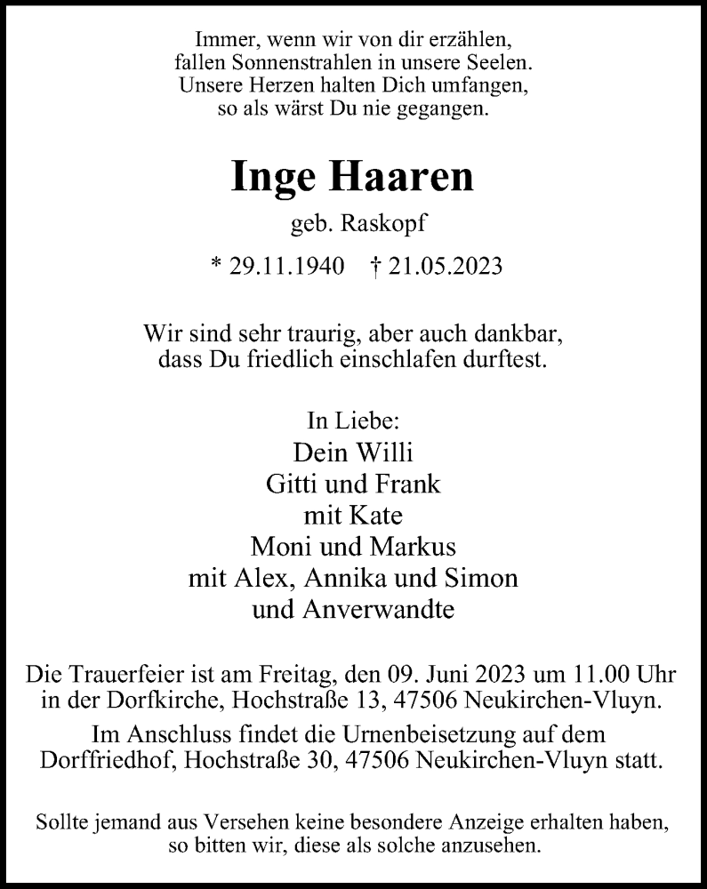  Traueranzeige für Inge Haaren vom 27.05.2023 aus Tageszeitung