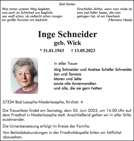Traueranzeige von Inge Schneider von Tageszeitung