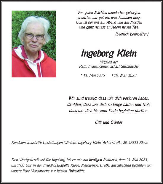 Traueranzeige von Ingeborg Klein von Tageszeitung