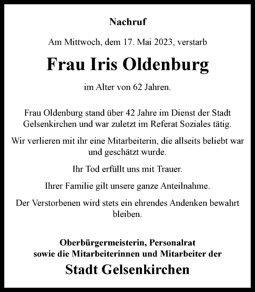  Traueranzeige für Iris Oldenburg vom 26.05.2023 aus Tageszeitung