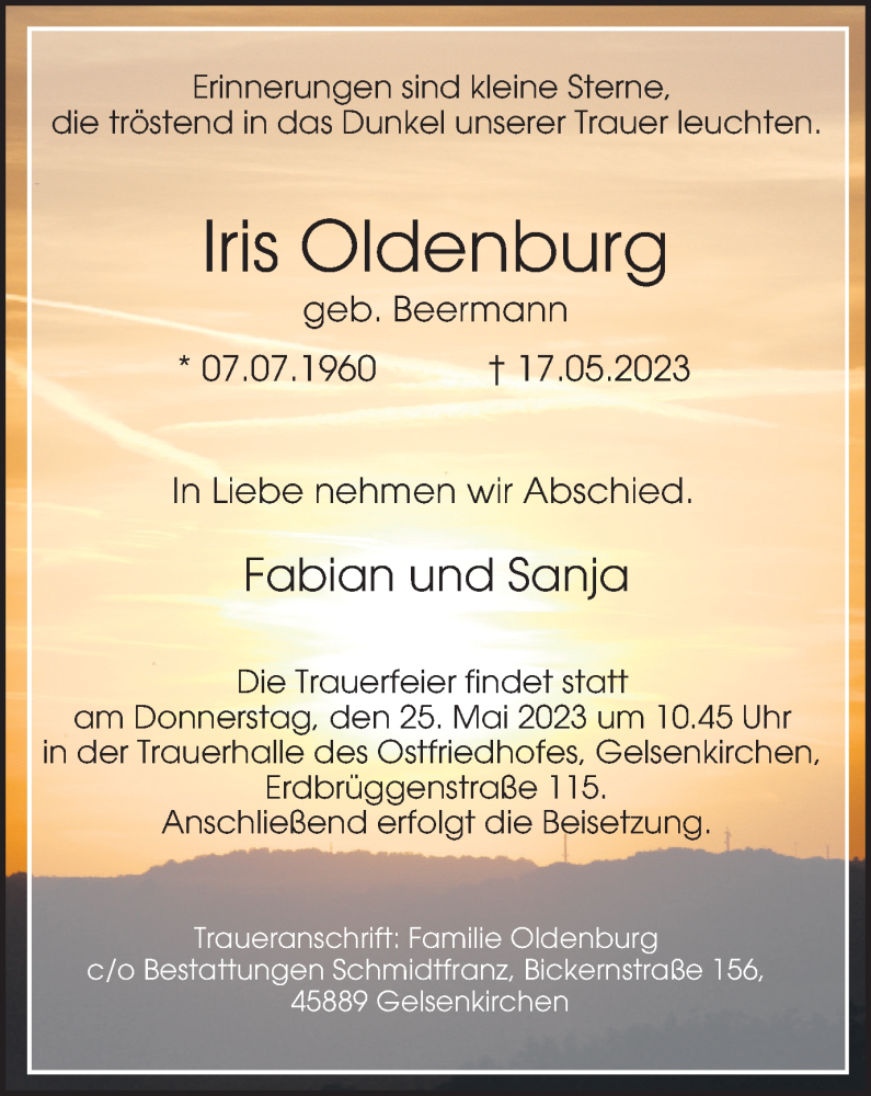  Traueranzeige für Iris Oldenburg vom 20.05.2023 aus Tageszeitung