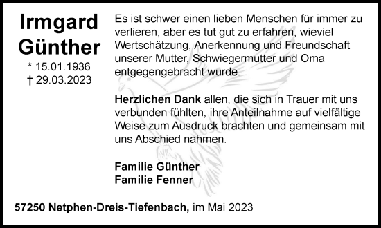 Traueranzeige von Irmgard Günther von Tageszeitung
