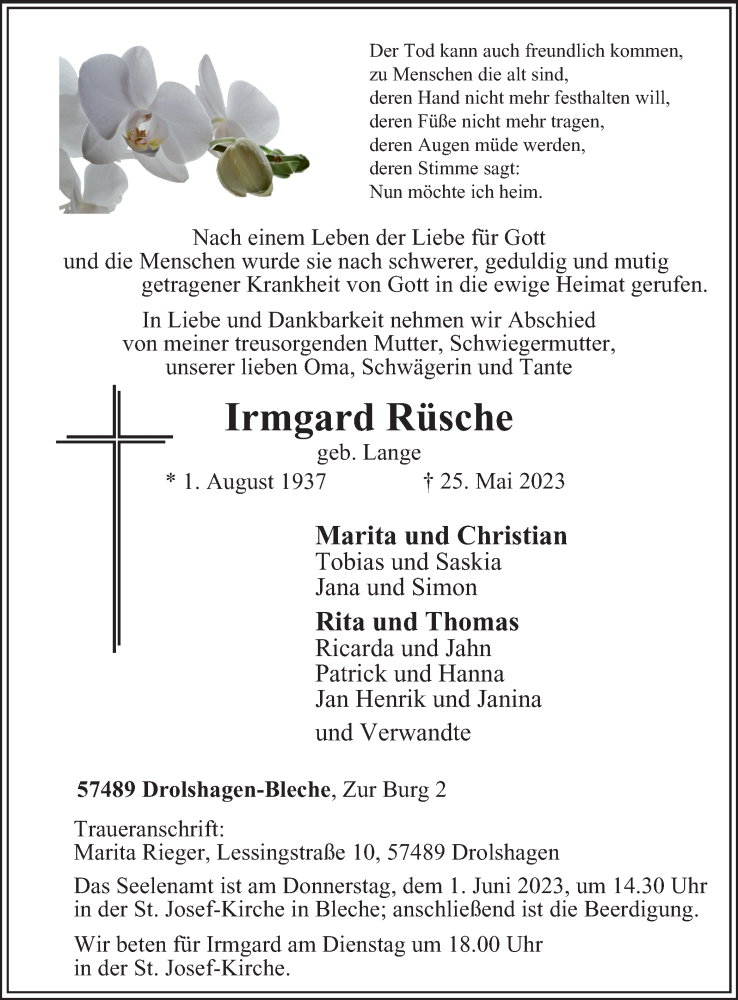  Traueranzeige für Irmgard Rüsche vom 27.05.2023 aus Tageszeitung