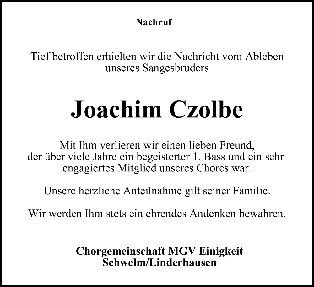  Traueranzeige für Joachim Czolbe vom 17.05.2023 aus Tageszeitung