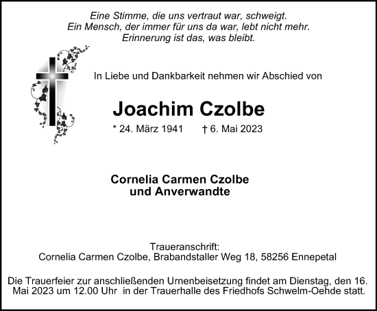 Traueranzeige von Joachim Czolbe von Tageszeitung