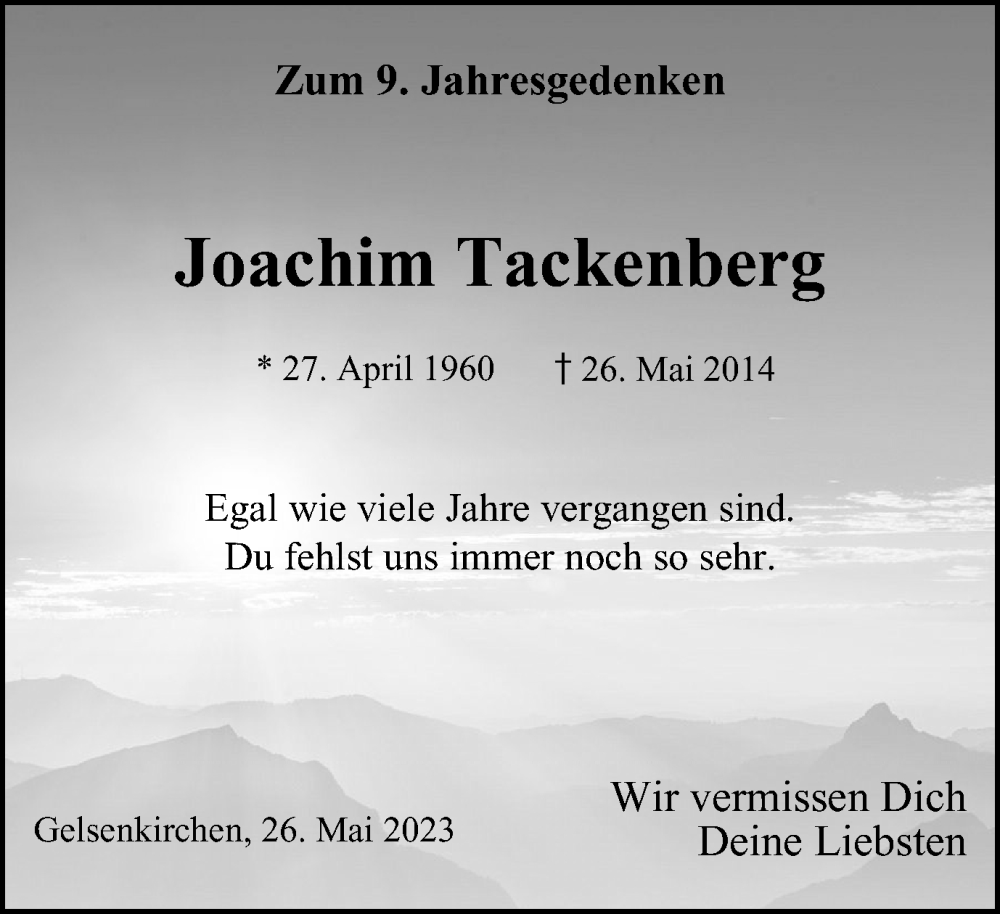  Traueranzeige für Joachim Tackenberg vom 26.05.2023 aus Tageszeitung