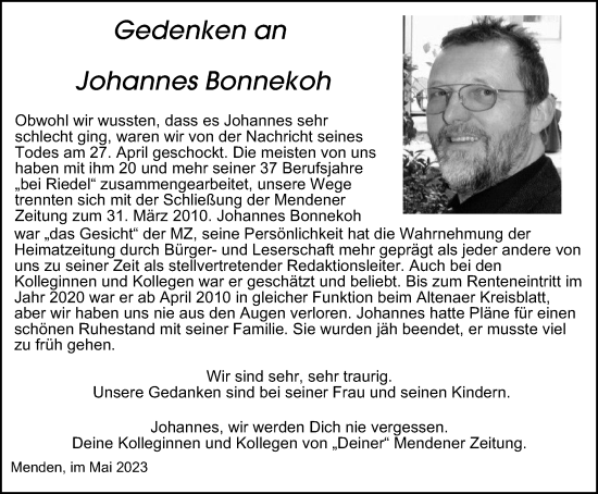 Traueranzeige von Johannes Bonnekoh von Tageszeitung