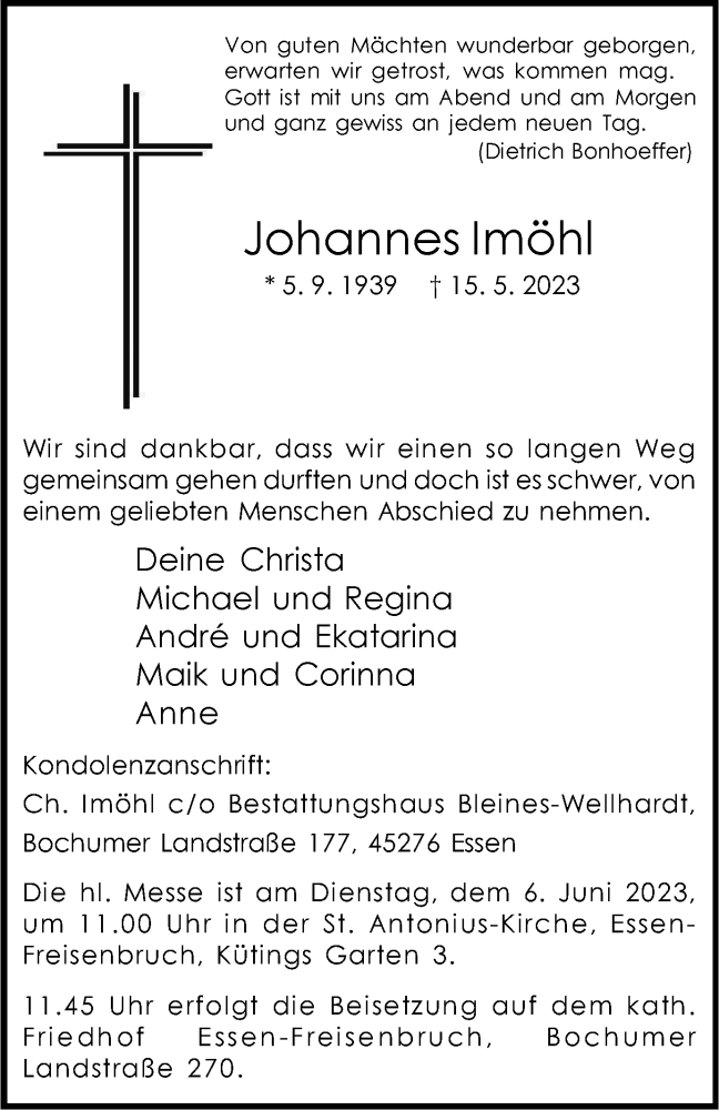  Traueranzeige für Johannes Imöhl vom 31.05.2023 aus Tageszeitung