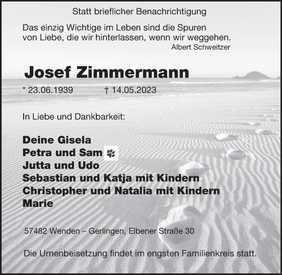 Traueranzeige von Josef Zimmermann von Tageszeitung