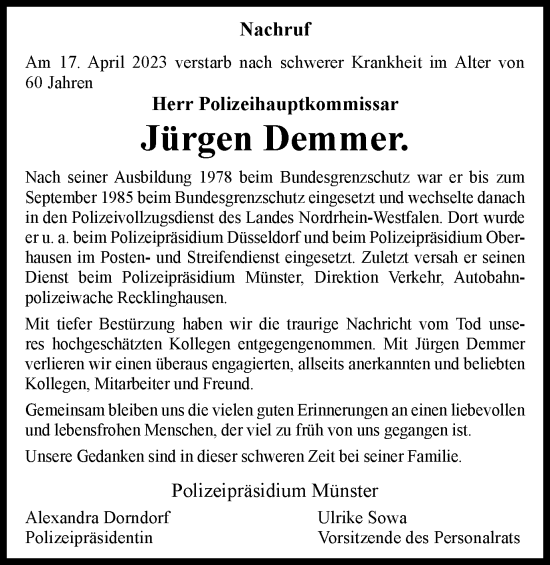 Traueranzeige von Jürgen Demmer von Tageszeitung
