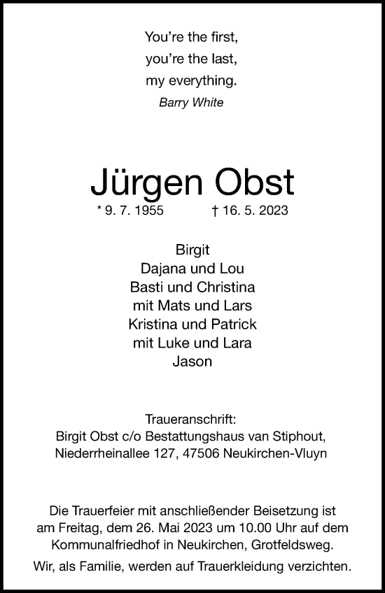 Traueranzeige von Jürgen Obst von Tageszeitung