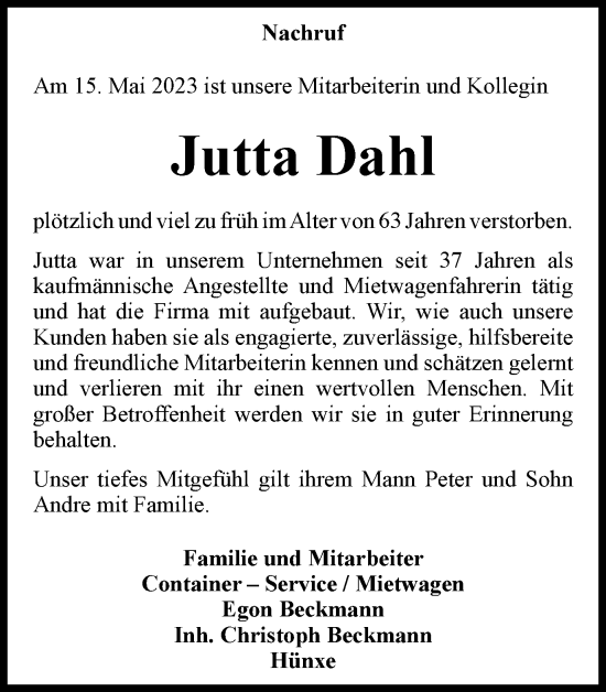 Traueranzeige von Jutta Dahl von Tageszeitung