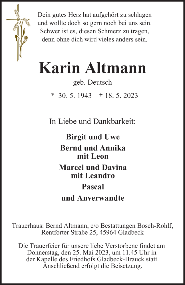  Traueranzeige für Karin Altmann vom 24.05.2023 aus Tageszeitung