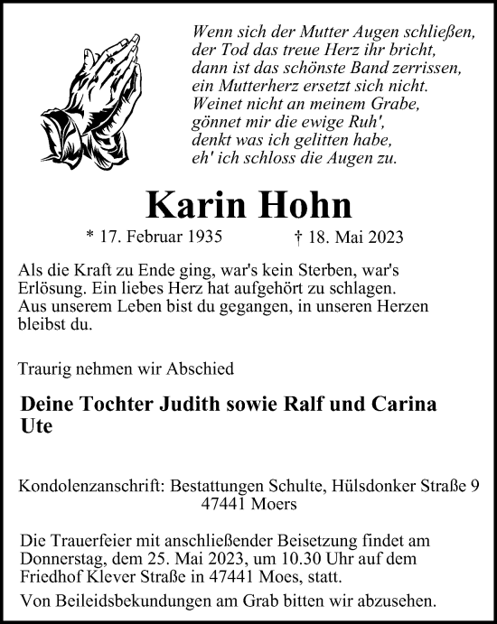 Traueranzeige von Karin Hohn von Tageszeitung